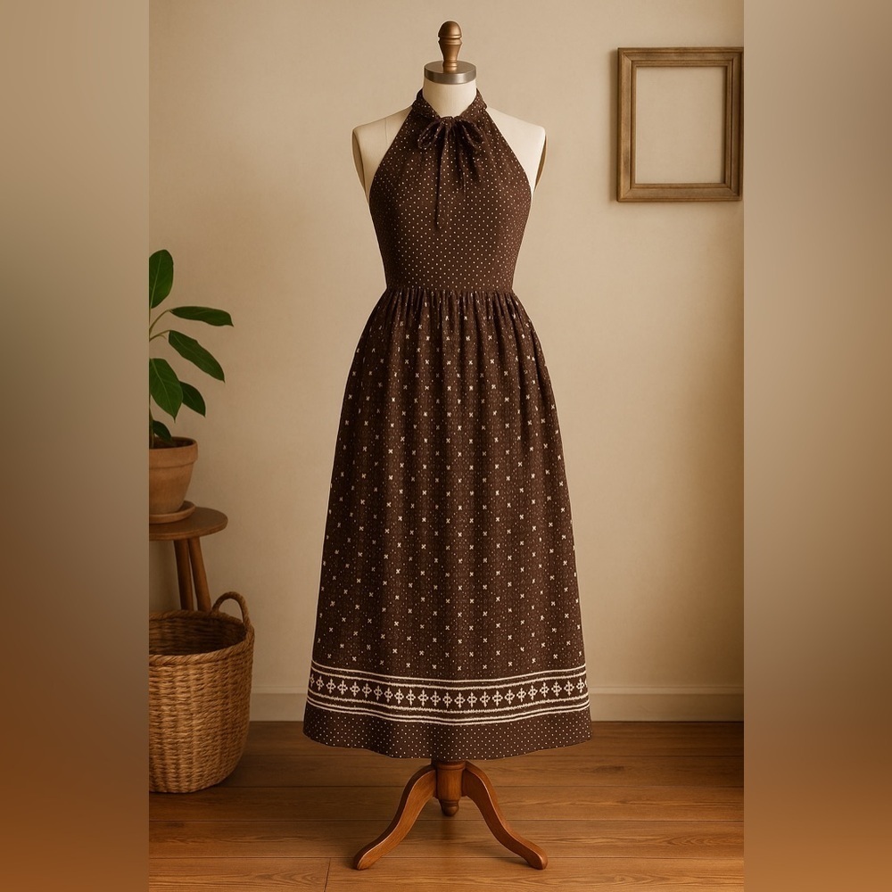 1970s M.G.M. Brown Polka Dot Halter Maxi Dress Prairie Embroidered Hem Sz 10